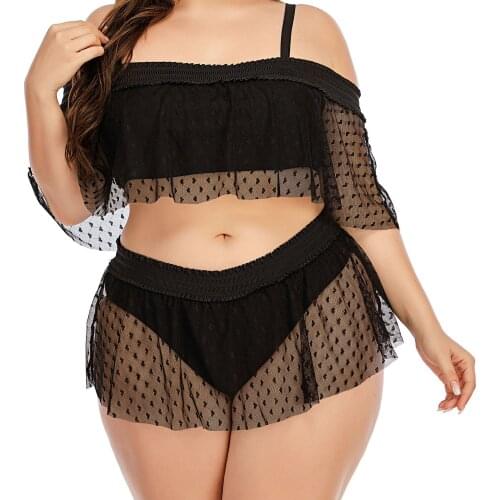Summer Women Bandeau Bikini Plus Size Mesh Split Swimsuit Two Piece Swimwear Beach Black Off Shoulder Wild Bikini Talla Grande