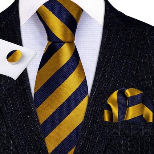 Fashion New Gold Striped 100% Silk Tie Gifts For Men Gifts Suit Wedding Tie Barry.Wang NeckTies Hanky Sets Business LN-5329