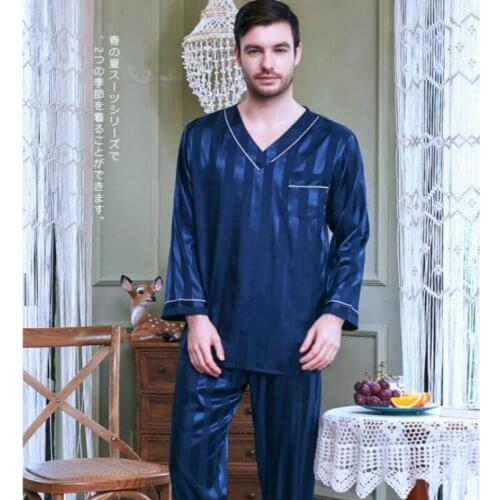 Mens Sleepwear All Season Homewear Long Sleeve Night Suits Adult Ice Silk Nightgowns 2pcs Sets Large Size Nightwear J005