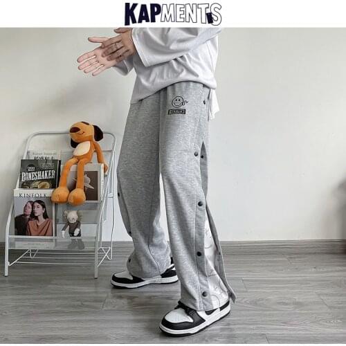 KAPMENTS Men Patchwork Buttons Harajuku Sweatpants 2021 Mens Japanese Streetwear Baggy Joggers Pants Male Wide Leg Trousers Pant