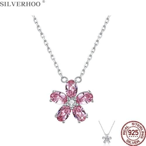 SILVERHOO 925 Sterling Silver Flower Necklace For Women 2 Colors Austria Crystal Pendant Famale Wedding Classic Fashion Jewelry
