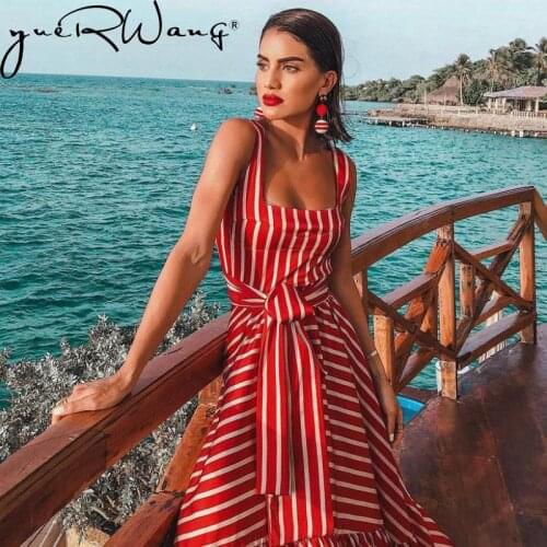 YuerWang Women Dress Striped 2021 summer beach dress Bohemia Dress Sexy Long Maxi Dresses Bow Lace Up Ruffles Long Summer Dress