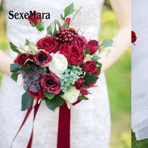 Romantic Bridal Bouquets Burgundy Rose Berry Handmade Artifical Flower Bouquet Wedding Bridesmaid Ramo Novia Bouquet