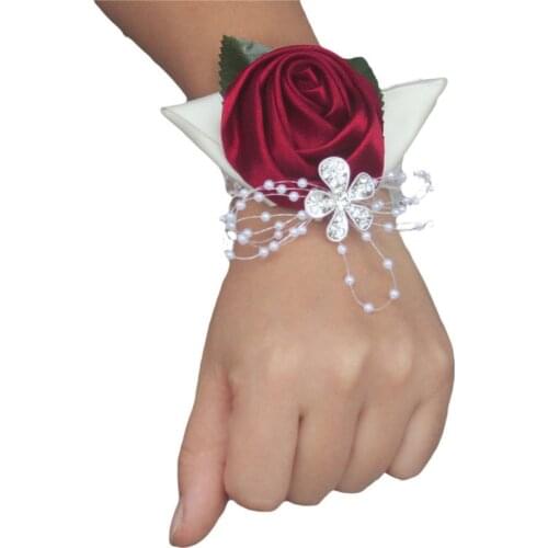 Rose Roll Leaf Rhinestone Fabric Wedding Sister Group Wrist Flower Handmade Bride Groom Dance Decoration Ornaments Gift
