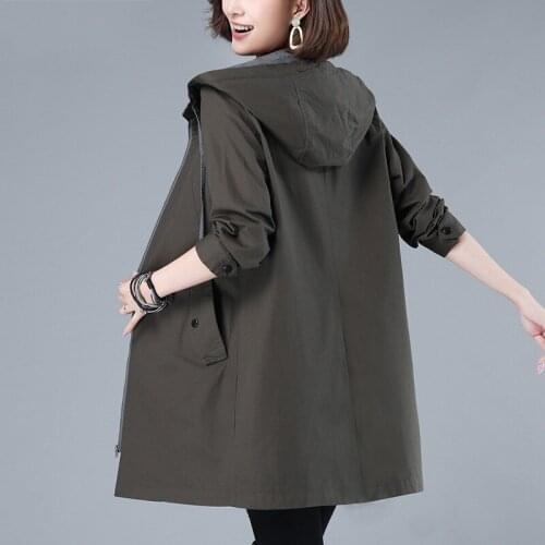 Spring Autumn Korean Hooded Womens Trench Coat Middle-aged Mother Loose Cotton Windbreaker Casual Lining Long Female Outwear