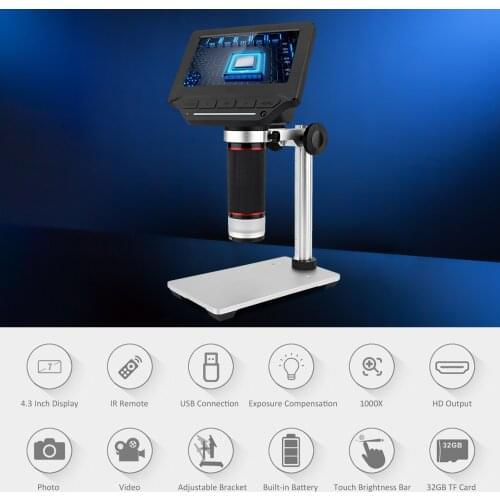 4.3-inch LCD Screen Video Microscope with 32GB TF Card 1000X Microscope and Telescope 1080P with IR Remote LED Light Microscope