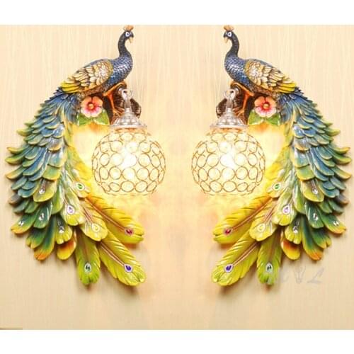 European Style Sconces Vintage Wall Lamp Resin Peacock Home Deco Wall Light for Living Room Beside Lamp Crystal Light Fixtures