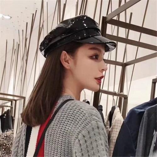 H7601 Women Fashion Military Hat Hip-hop Style Imitation Leather Flat Top Navy Cap Female Windproof Casual Vintage Black Caps