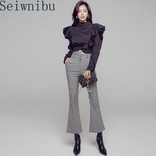 2020 New Spring Womens Pants 2Piece Set High Quality Designers Runway Set Long Sleeve Ruffle Blouse and Flare Pants houndstooth