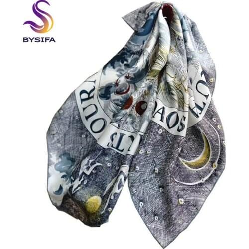 [BYSIFA] Grey White Women Silk Scarf Brand Love Heart Pattern Twill Scarf 100% Pure Silk Square Scarves Head Accessories 70*70cm