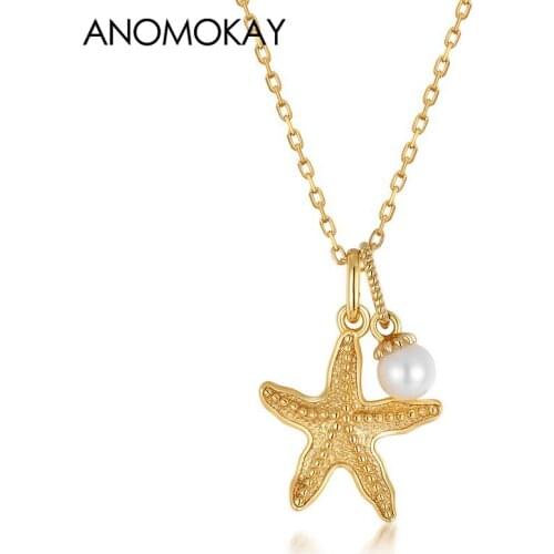 Anomokay Classic Ocean Series Gold Color Starfish Pendant Necklace for Casual Gift Natrue Pearl 925 Silver Necklace for Women