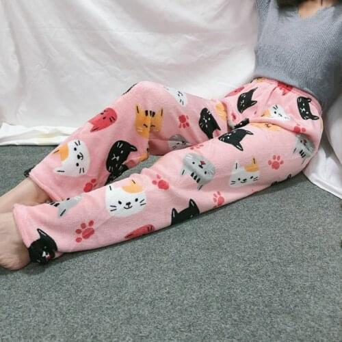 Womens Velvet Pajama Pants Loose Comfortable Elastic Waistline Warm Cartoon Home Pants