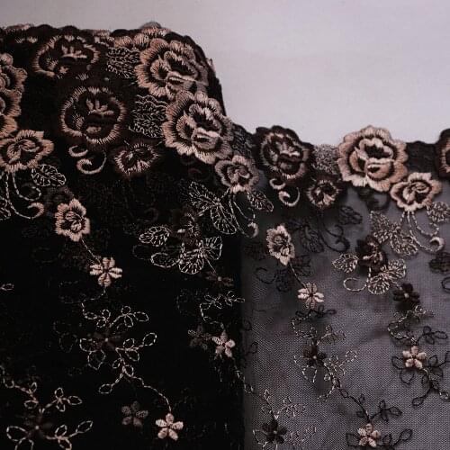 1Meter 24CM Width One Side Brown Flowers Embroidery Lace Trim Black Mesh Fabric For Lingerie Underwear Bra Dolls Dress Handmade