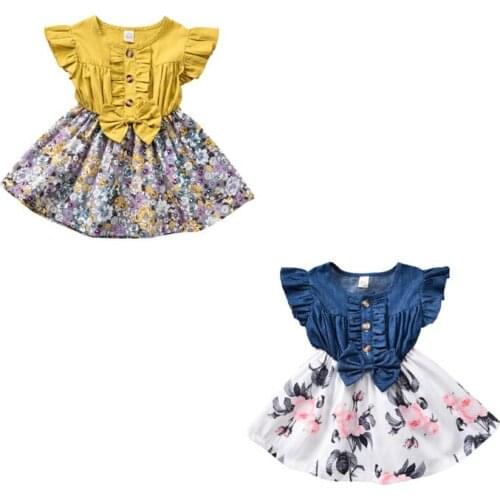 2020 Princess Toddler Baby Girls Dress Blue Denim Floral Patchwork Ruffles Sleeve Knee Length A-Line Dress
