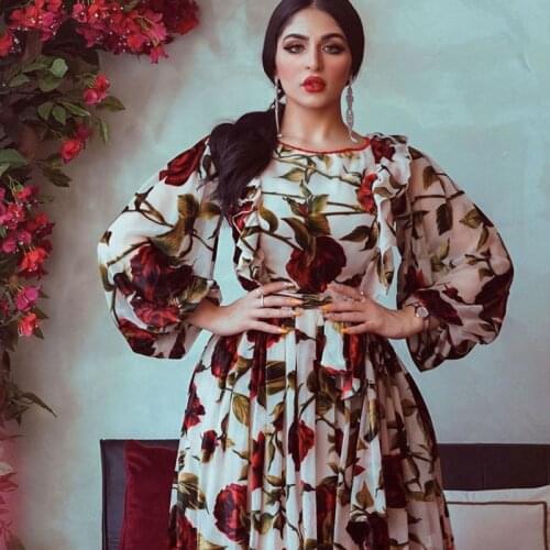 Arabic Middle East Islamic Print Flowers Clothing Plus Size Eid Long Dress for Women 2021 Dubai Jalabiya