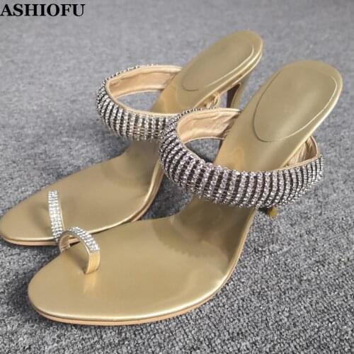 ASHIOFU Handmade Ladies High Heel Slippers Crystals Sexy Party Prom Dress Shoes Outdoor Beach Club Fashion Evening Slipper Shoes