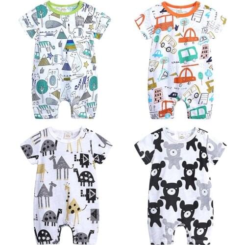 Baby Boys Girls Clothes Summer Short Sleeve Newborn Rompers Toddler Kids Cartoon Animal Printed Cotton Onesie Infant Jumpsuit