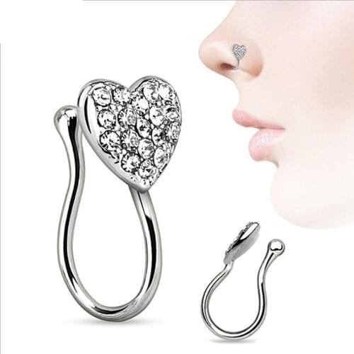 1Piece Heart With Gems Clip On Nose Ring Fake Non Piercing Septum Nose Clip Splint Crystal Nose Rings Hoop Body Jewelry
