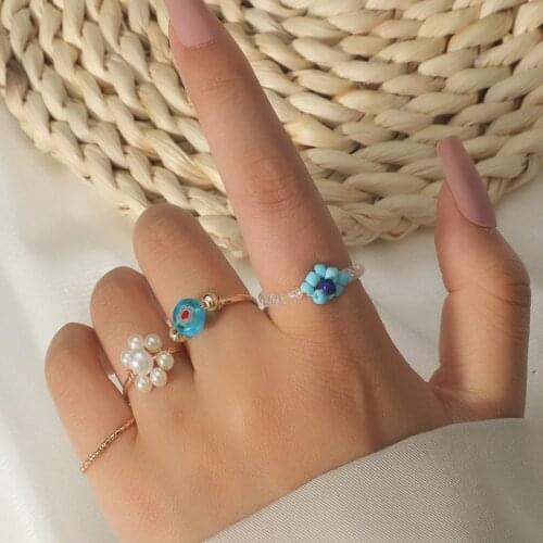 4Pcs/set Fashion Blue Rice Bead Rings Flower Shape Ring Set Adjustable Handmade Fun Finger Ring For Women Girls Jewelry