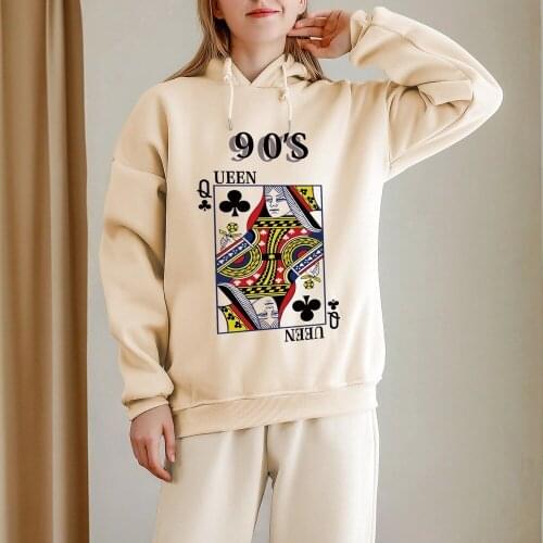 Harajuku Jacket 90s Poker QUEEN Graphic Hoodie Women Vintage Oversize Sweatshirts Drop Shoulder Thermal Aesthetic Gothic Clothes