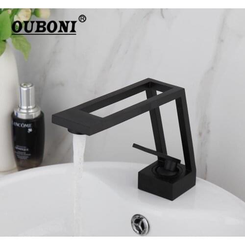 OUBONI Matte Black Bathroom Basin Sink Faucet Deck Mounted Mixer Stream Spout Single Hole Hollow Simple Design Basin Faucet Tap