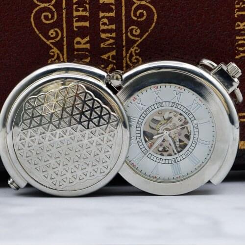 New Unique Skeleton Dial Vintage Silver Mechanical Pocket Watch Best Gift Men Women Watches with Fob Chain PJX053