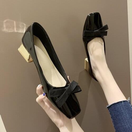 Autumn Sweet High Heels Thick Heel Pointed Toe Bow Patent Leather Sweet and cute style Pumps Shoes zapatos tacon mujer U28-35