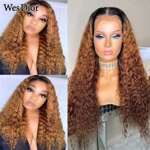 Ombre Kinky Curly Lace Wigs For Women 4x4 Brown Brazilian Curly Human Hair Wig Density 180 Colored 13x1 Part Lace Human Hair Wig