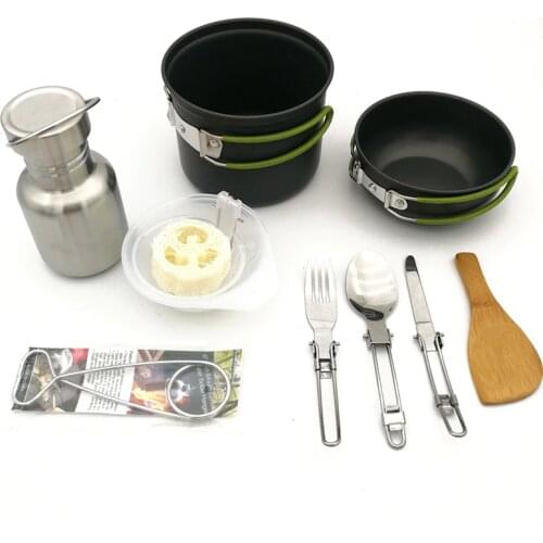 Outdoor Camping Tableware Hiking Cookware Cooking Traveling Picnic Bowl Pot Pan Set with Fold Knife Spoon Bushcraft Hook Bottle