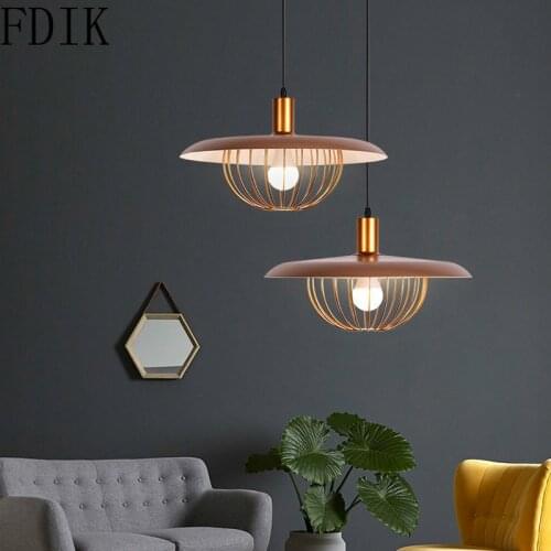 Nordic Hanging Lamp Luxury Walnut Wood Grain Wrought-iron Lamp Ceiling Flying Saucer Lights for Restaurant Bar Coffee Luminaire