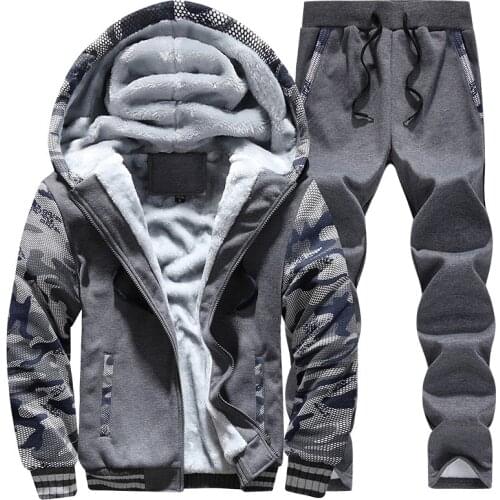 Tracksuit Men Sporting Fleece Thick Hooded Mens Jacket+Pant Warm Fur Inside Winter Sweatshirt Sets Mens Clothing Size M-5XL