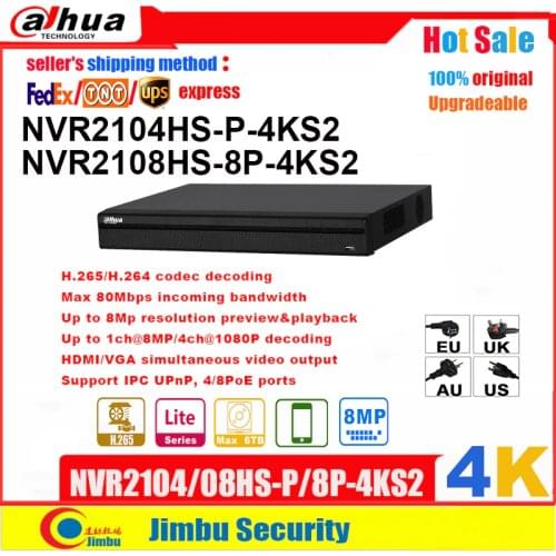 Dahua NVR 4K NVR2108HS-8P-4KS2 8POE 8CH NVR2104HS-P-4KS2 4POE 4CH H.265 H.264 video recorder Up to 8Mp resolution P2P Max 80Mbps