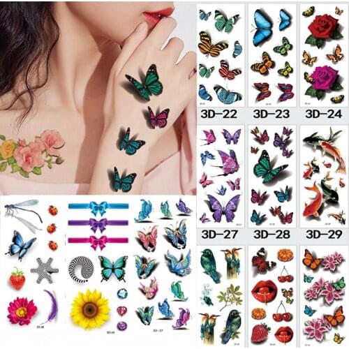 Temporary Tattoos Sticker for Women Body Art Tattoo Sticker 3D Butterfly Rose Flower Fish Tattoo Waterproof Halloween Gift