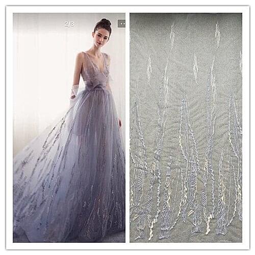 High Quality Blue Embroidery Simple Fabric Sen Princess Style for Wedding Dress Fashion DIY Accessories