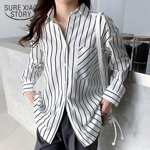 Spring Autumn Striped Women Shirt Tops New Turn-down Collar Pocket Long Sleeve White Women Blouse Casual Loose Ladies Tops 12574