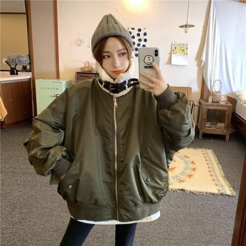Women Cotton Coat Winter Lamb wool Jackets Short Oversized Loose Thicken Warm Zipper Overcoat ArmyGreen black Parkas Coats