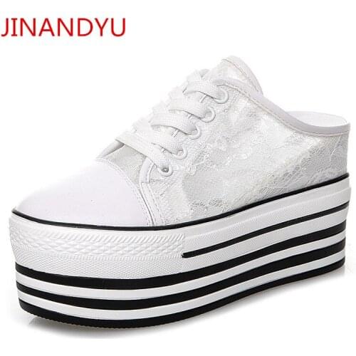 Wedge Sneakers Platform Vulcanize Shoes Woman Slippers Lace Sliders Shoes Women Casuales De Mujer New Black White Half Slippers