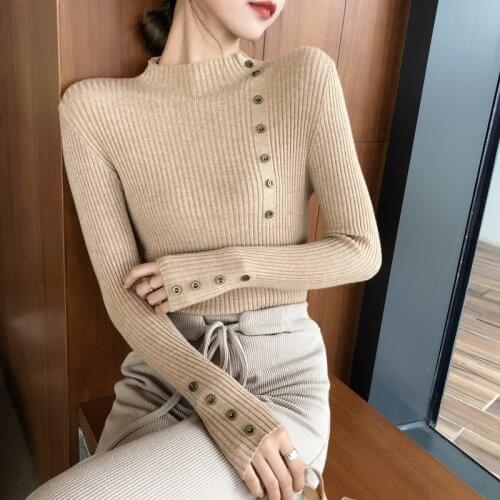 Womens Sweaters 2020 Winter Tops Turtleneck Sweater Button Pullover Jumper Knitted Sweater Pull Femme Hiver Truien Dames New