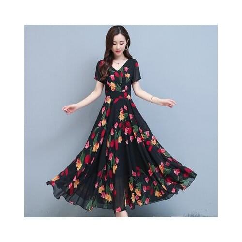 Summer Elegant Long Dress Chiffon Floral Print Long A-line Waist Thin Big Swing Vestidos Vadim Robe Femme Sukienka 3553