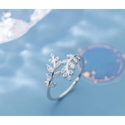 VENTFILLE 925 Sterling Silver Minimalism Shiny Diamond Leaf Opening Ring Female Fashion Exquisite Jewelry Birthday Gift Кольцо