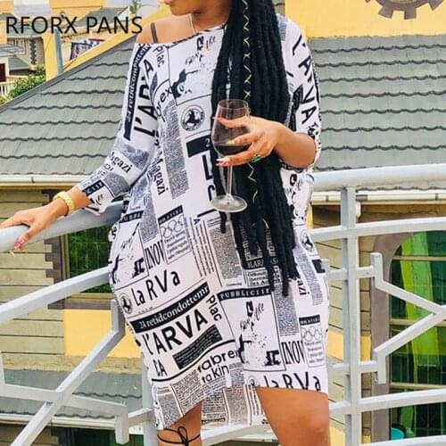 Women Casual Dress Three Quater Batwing Sleeves Letter Pattern Mini Dress