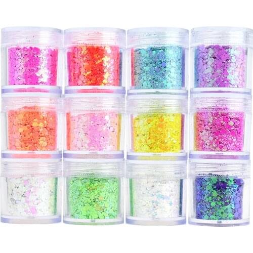 12 Bottles/Set Colorful Nail Art Glitter Sequins Hexagon Sparkly Golden Mermaid Holographic Paillette Nail Chunky Flakes Te#029