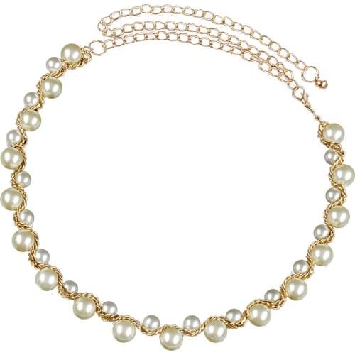 2019 Luxury Ladies Pearl Beaded Metal Chain Belt Waist Jewelry Bridal Dress Decor for Evening Party Cocktail Anniversary