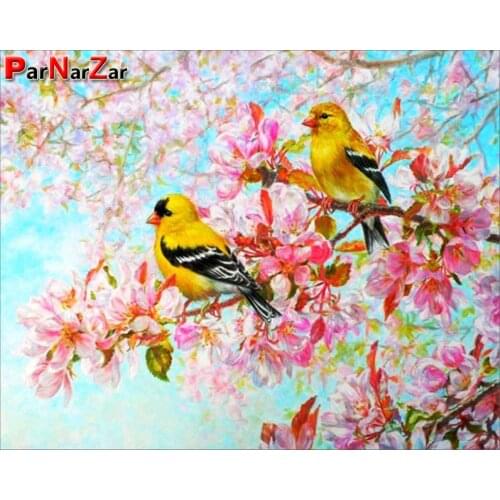 ParNarZar Diamond Painting Pink Flower Bird Full Round Drill Wall Decoration Cross Stitch Diamond Embroidery Rhinestone