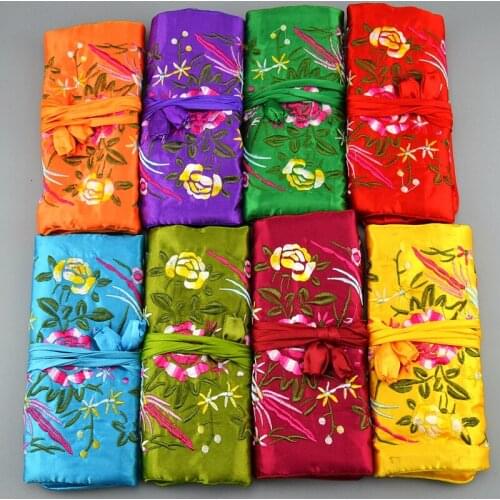 Embroidered Flower Birds Travel Jewelry Roll Bag 3 Zipper Pouch Drawstring Bag Cotton filled Folding Makeup Bag Women Gift
