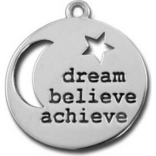 DOUBLE NOSE Cheap Wholesale Antique Silver Plating Moon And Star Dream Believe Achieve Charm Pendant
