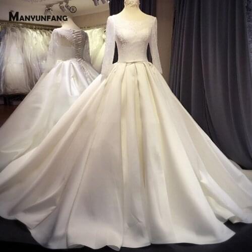 Custom Made O-Neck Full Sleeve Chapel Train Wedding Dress for Women Elegant Lace Up Embroidery Appliques Tulle Bridal Ball Gown