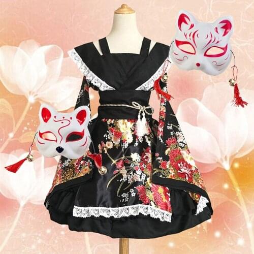 Kimono Printing Lovely Lolita Dress Japanese Cultural Festival Cosplay Maid Costume Red Fox Mask Girls Sexy Daily Improve Kimono