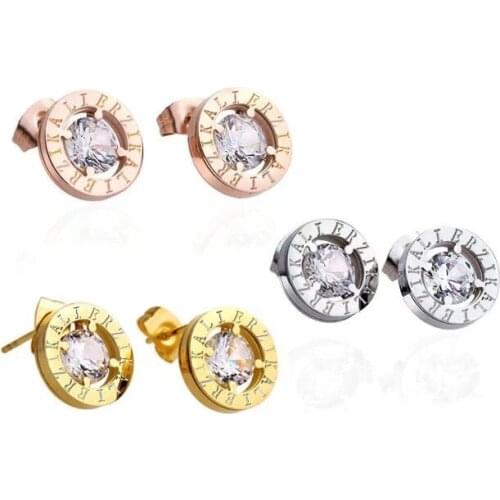 Lierzika brand stainless steel hollow with big stone letter round model earrings