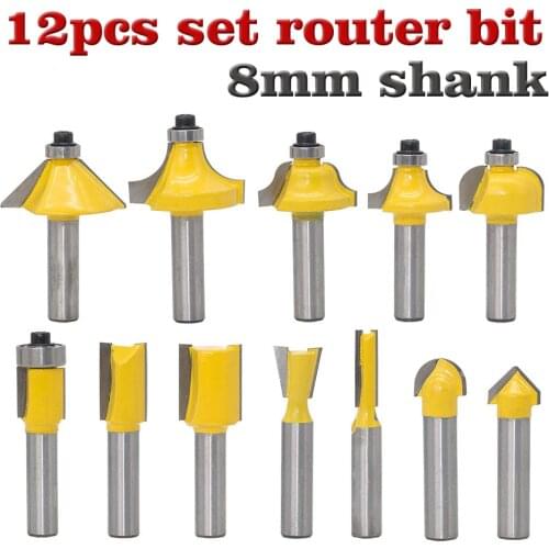 12pcs Milling Cutter Router Bit Set 8mm Wood Cutter Carbide Shank Mill Woodworking Trimming Engraving Carving Cutting Tools